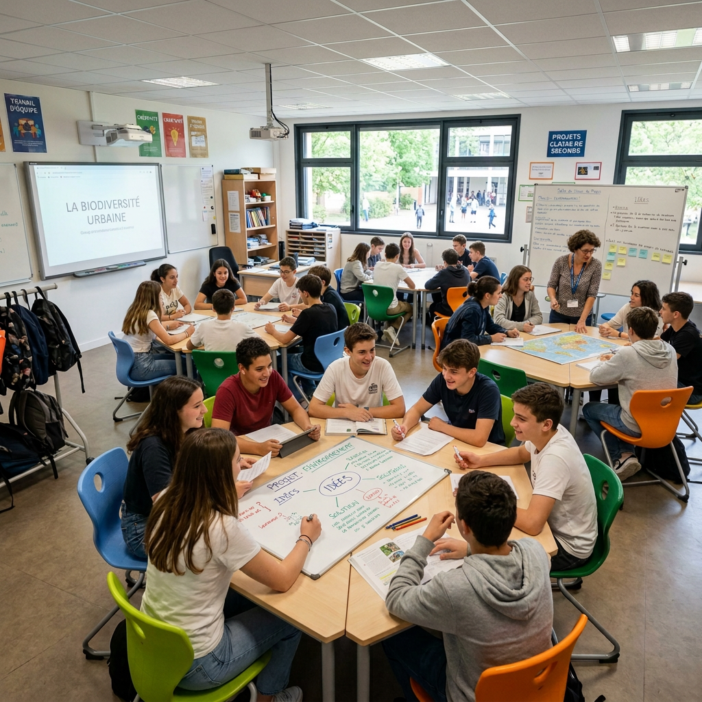 Students collaborating in groups on an urban biodiversity classroom project